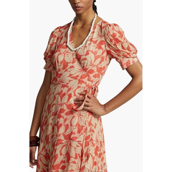 Polo Ralph Lauren Print Crinkled Georgette Wrap Dress Orange Size 12 - Picture 3 of 12